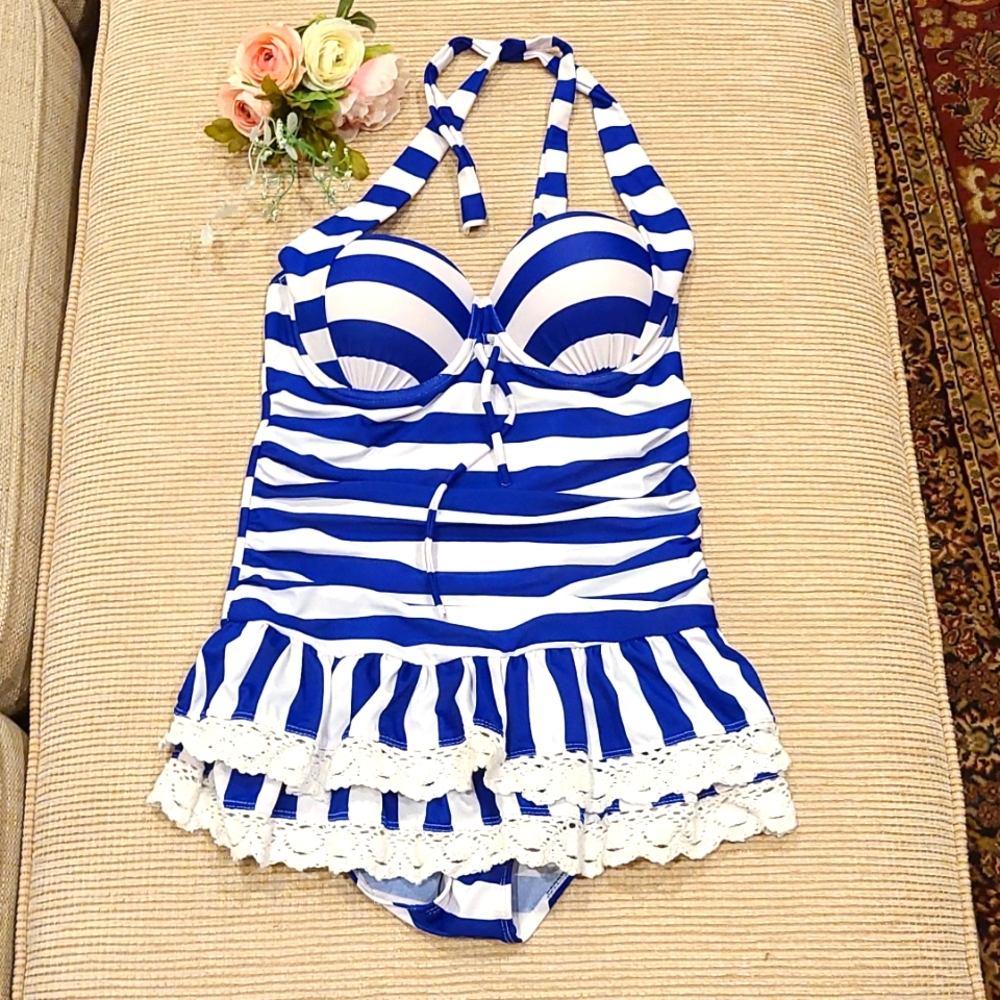 Swimdress - One piece, halter, ruffled crochet trim skirt
